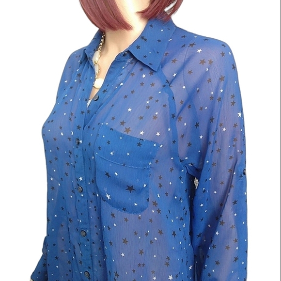 Express Sheer Long Sleeve Blue with Star Print Size Small Petite - Picture 2 of 8